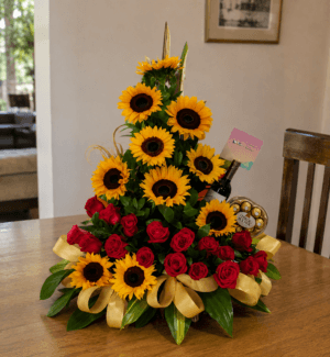 Arreglo 10 girasoles, rosas, vino y chocolates Ferrero R116 - Floristería en Teusaquillo a domicilio Te Mando Flores